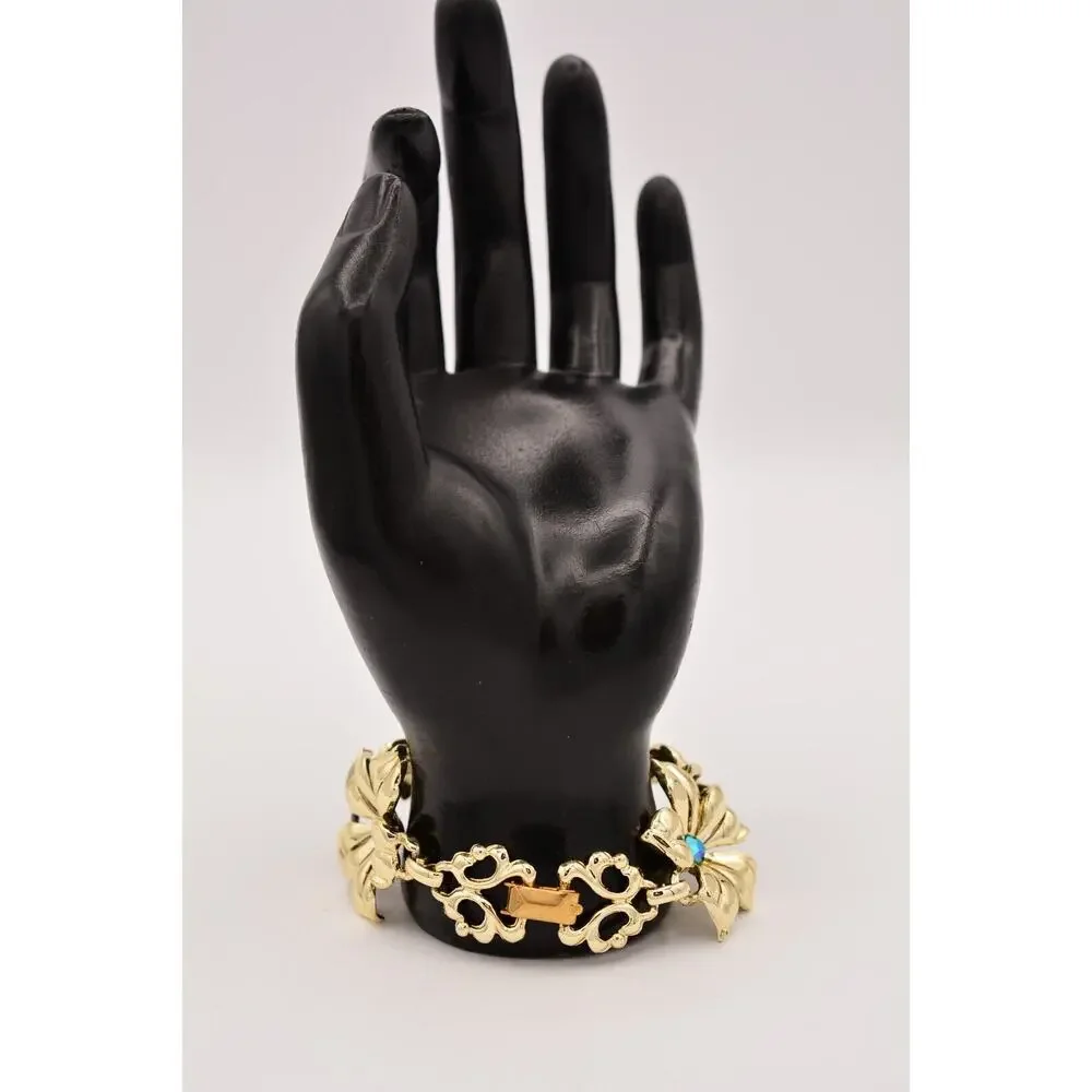 Vintage Crystal Flower Bracelet AB Blue Gold Tone Linked Chunky 1980s BinD